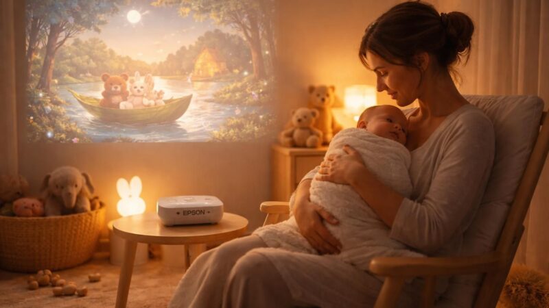 découvrez un rituel apaisant du coucher du bébé grâce à une histoire projetée avec le vidéoprojecteur epson, pour des nuits douces et sereines.