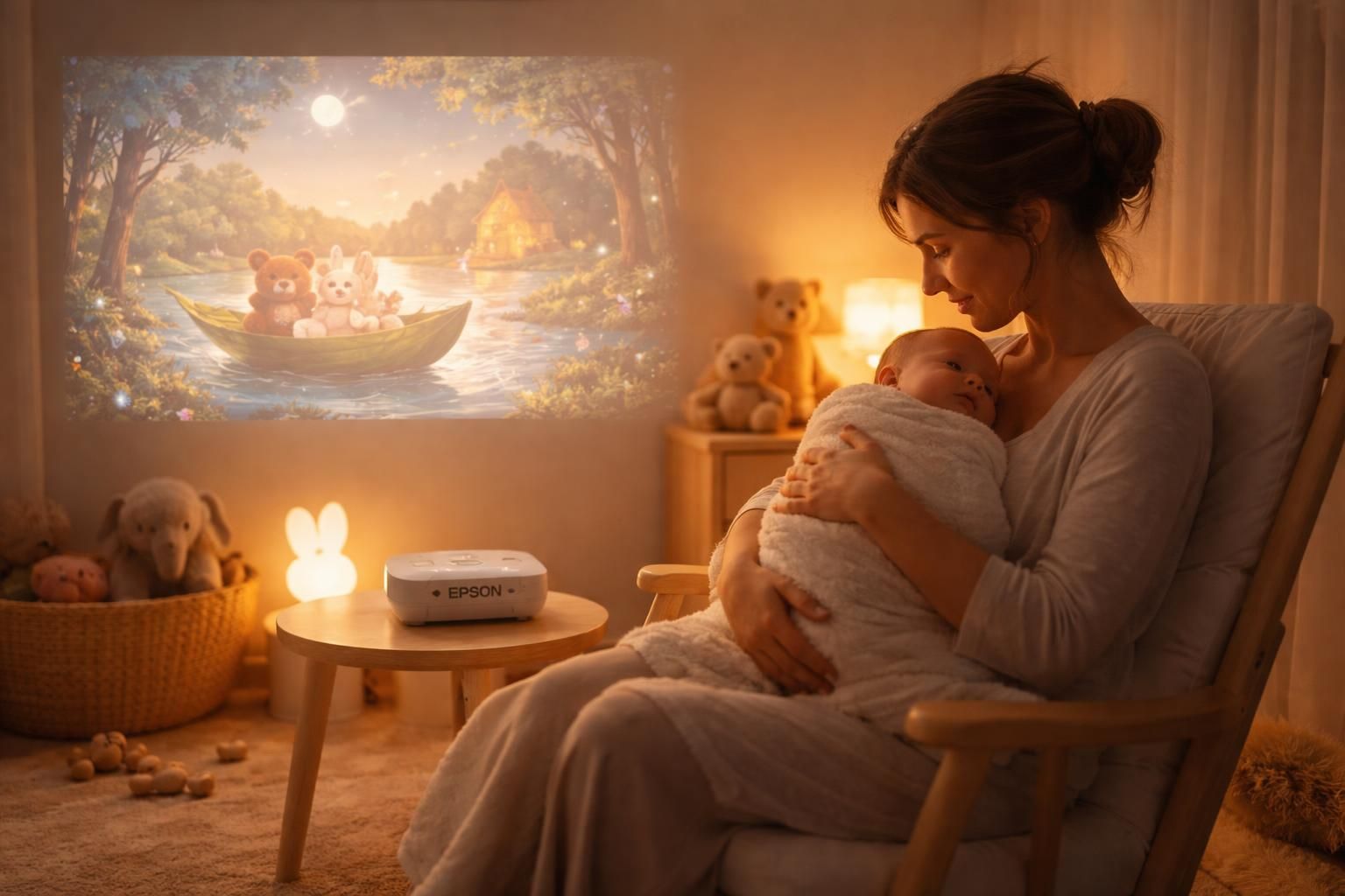découvrez un rituel apaisant du coucher du bébé grâce à une histoire projetée avec le vidéoprojecteur epson, pour des nuits douces et sereines.