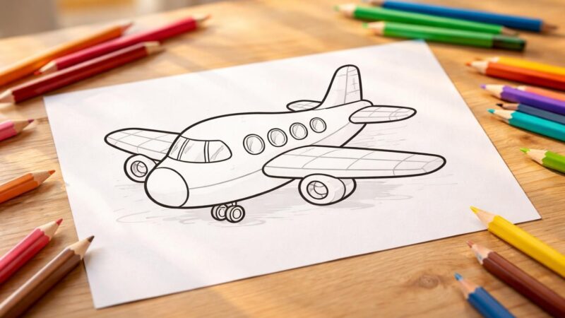 découvrez notre avion à colorier, un outil éducatif ludique conçu pour développer la motricité fine des enfants tout en stimulant leur créativité et concentration.