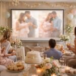 Baby shower pour un bébé : diaporama de souvenirs sur écran de projection