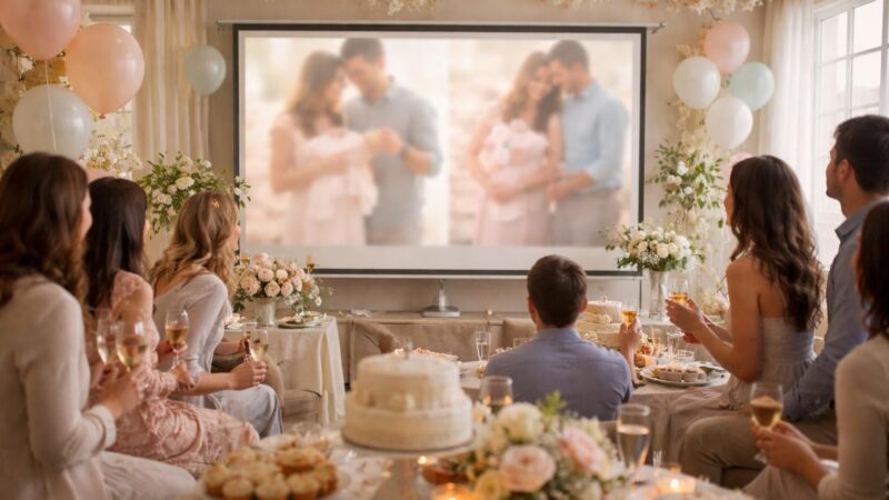 découvrez un diaporama émouvant de souvenirs pour une baby shower, projeté sur écran, pour célébrer l'arrivée du bébé avec vos proches.