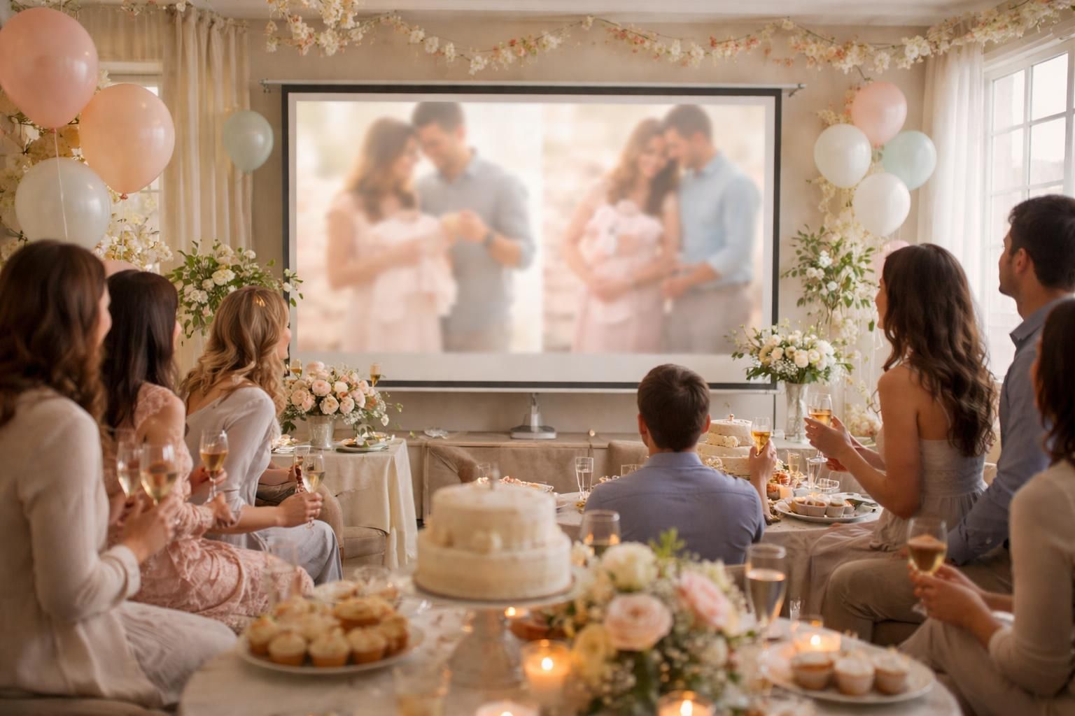 découvrez un diaporama émouvant de souvenirs pour une baby shower, projeté sur écran, pour célébrer l'arrivée du bébé avec vos proches.