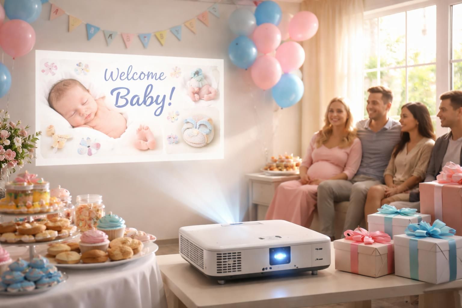 découvrez un diaporama inoubliable pour la baby shower de votre bébé, projeté avec la qualité exceptionnelle du vidéoprojecteur epson pour des souvenirs partagés en famille.