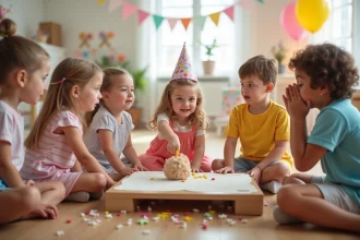 Groupe d'enfants jouant au jeu touche touche pas lors d'une fête d'anniversaire colorée dans une salle de jeux décorée