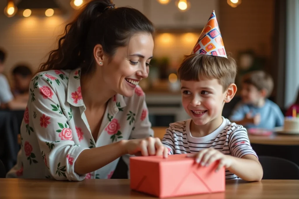 Enfant avec couronne d'anniversaire qui tend la main vers une boîte mystère présentée par une adulte lors d'un jeu sensoriel