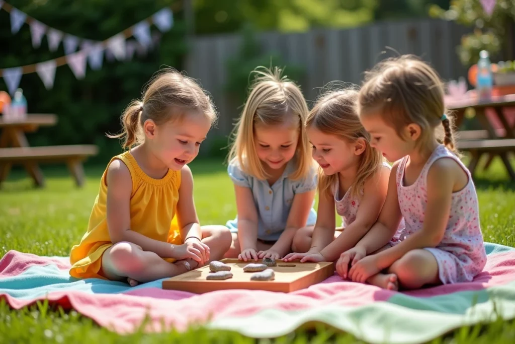 Enfants jouant au jeu touche touche pas en plein air dans un jardin décoré pour un anniversaire avec objets à deviner