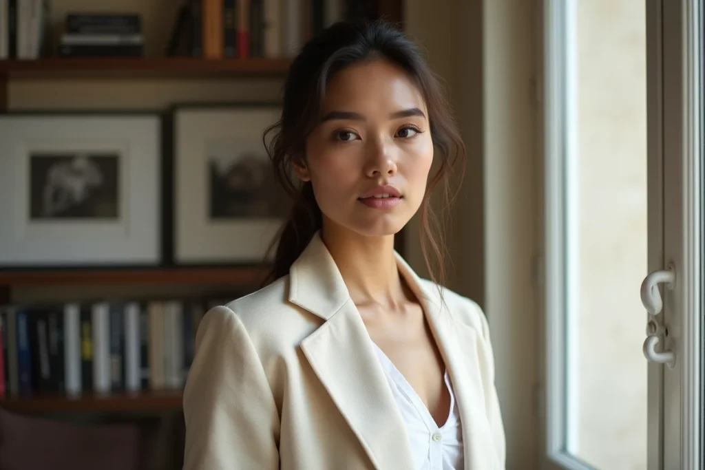 Jeune femme d'une trentaine d'années dans un appartement parisien contemporain entouré de livres et photos de presse