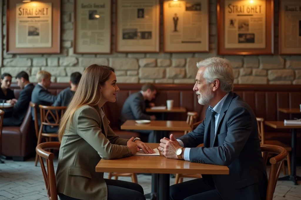 Père et fille adulte partageant un moment complice dans une brasserie parisienne au décor vintage