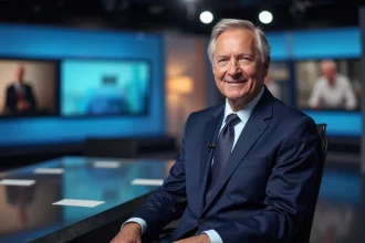 Présentateur de journal télévisé expérimenté assis au bureau d'un plateau de news en costume bleu marine
