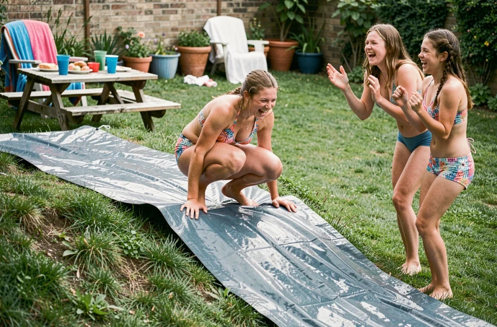 Adolescents s'amusant sur une bâche ventriglisse mouillée lors d'une fête estivale en plein air