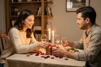 Femme annonçant sa grossesse à son conjoint lors d'un dîner romantique à la maison avec un cadeau surprise sur la table