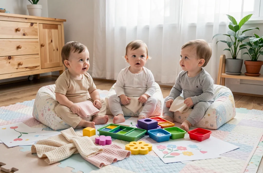 Groupe de bébés en situation de handicap participant à un atelier créatif de fête des mères en crèche avec matériaux sensoriels adaptés