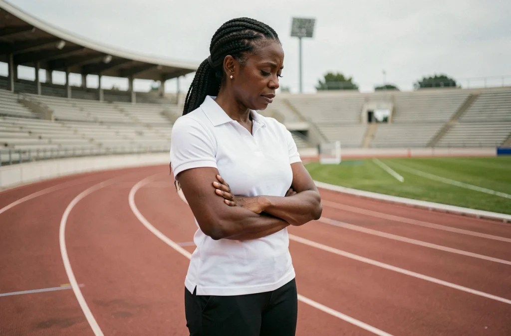 Ancienne athlète sur une piste d'athlétisme vide, regard introspectif, symbolisant la conciliation entre sport de haut niveau et maternité