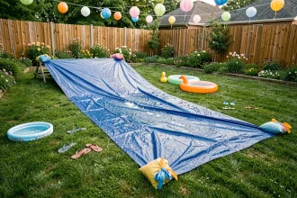Grande bâche bleue pour ventriglisse installée dans un jardin lors d'une garden-party estivale