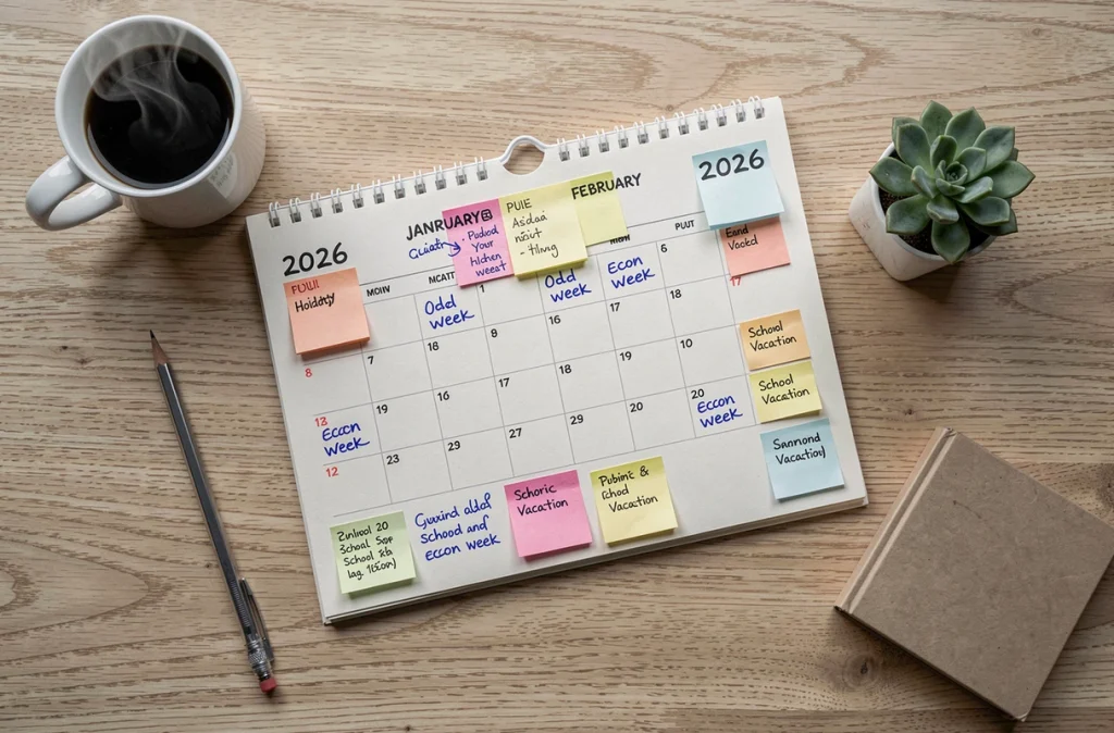 Vue de dessus d'un calendrier 2026 avec semaines paires et impaires annotées à la main, jours fériés marqués en couleur et notes autocollantes