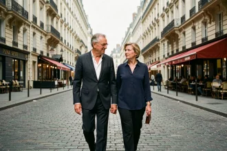 Couple discret se promenant dans une rue parisienne, illustrant la vie privée d'un homme politique français et de sa compagne