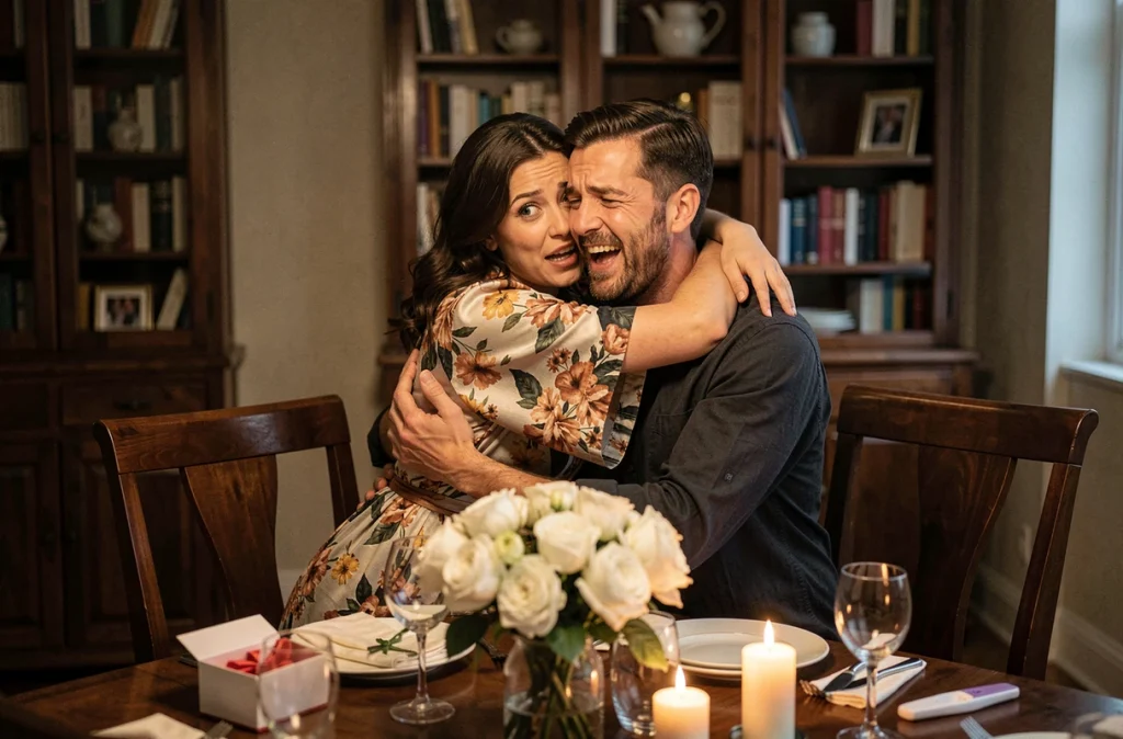 Couple s'embrassant émotionnellement après l'annonce d'une grossesse lors d'un dîner romantique avec test de grossesse sur la table