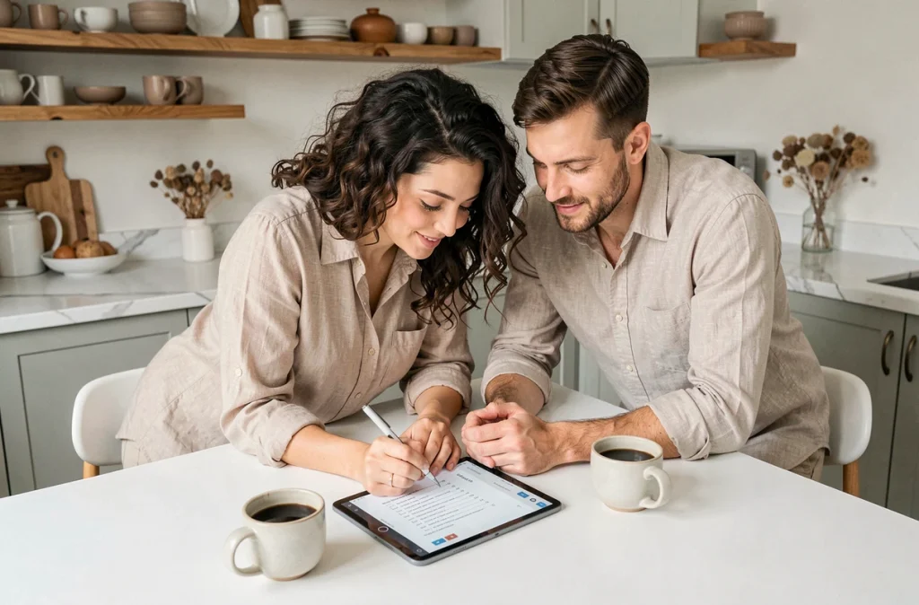 Couple discutant ensemble de la personnalisation de leur liste de naissance à la maison