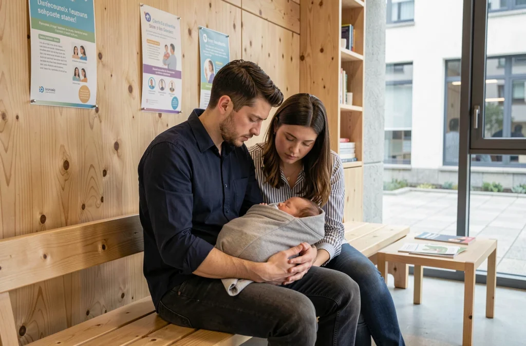Couple de jeunes parents avec leur nourrisson dans la salle d'attente d'un centre de soutien psychologique postnatal