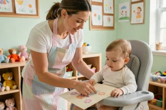 Éducatrice de crèche aidant un bébé en situation de handicap à réaliser un dessin empreinte de main pour la fête des mères