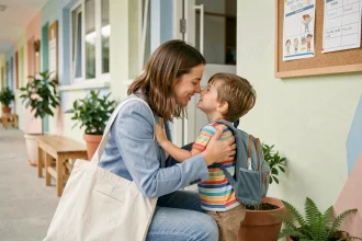 Une mère dépose sa fille à l'entrée d'une école maternelle avec des horaires adaptés aux familles