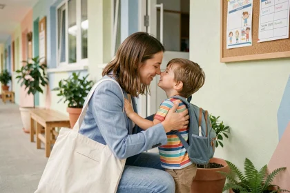 Une mère dépose sa fille à l'entrée d'une école maternelle avec des horaires adaptés aux familles
