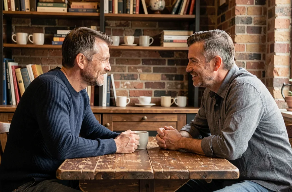 Deux frères adultes en discussion dans un café vintage, illustrant les relations fraternelles au sein d'une famille célèbre