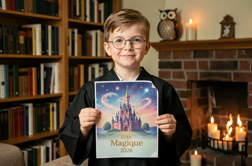 Enfant déguisé en sorcier tenant une affiche d'anniversaire Harry Potter imprimée à la maison