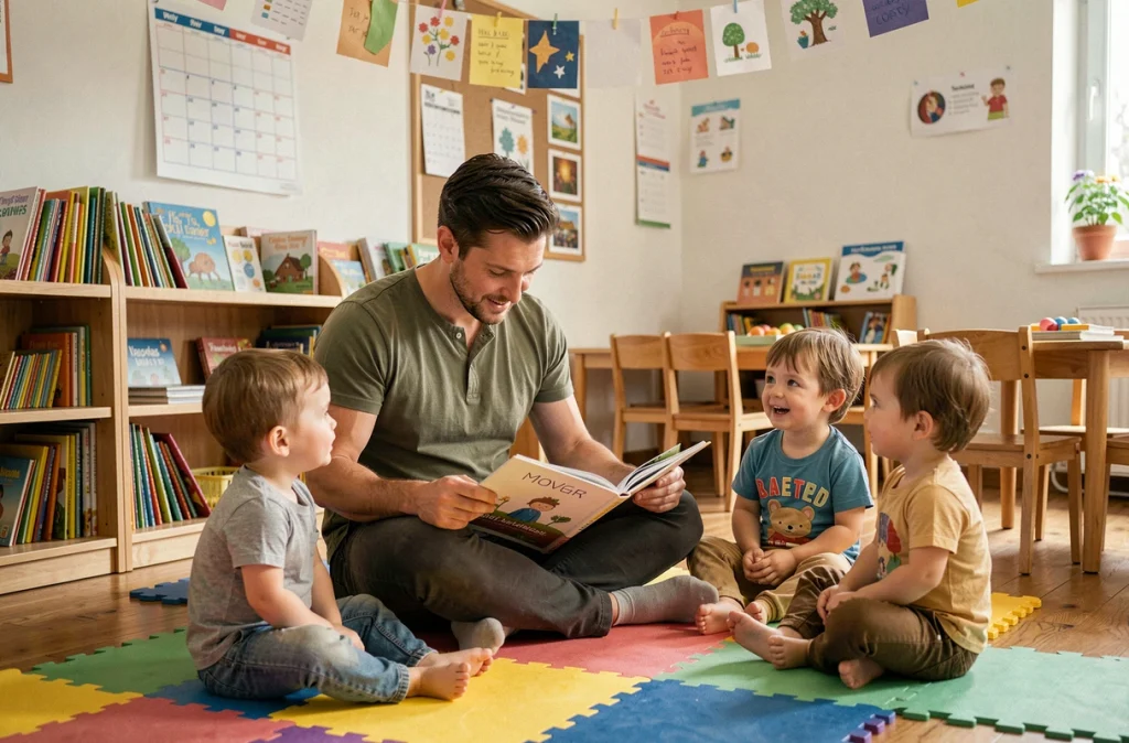 Un enseignant de maternelle lit une histoire à un groupe d'enfants dans une salle de classe aménagée