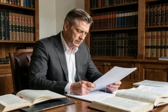 Expert juridique dans son bureau étudiant des documents légaux sur la vie privée des personnalités publiques