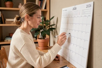 Femme marquant des semaines paires et impaires sur un calendrier 2026 posé sur un bureau en bois dans un bureau à domicile