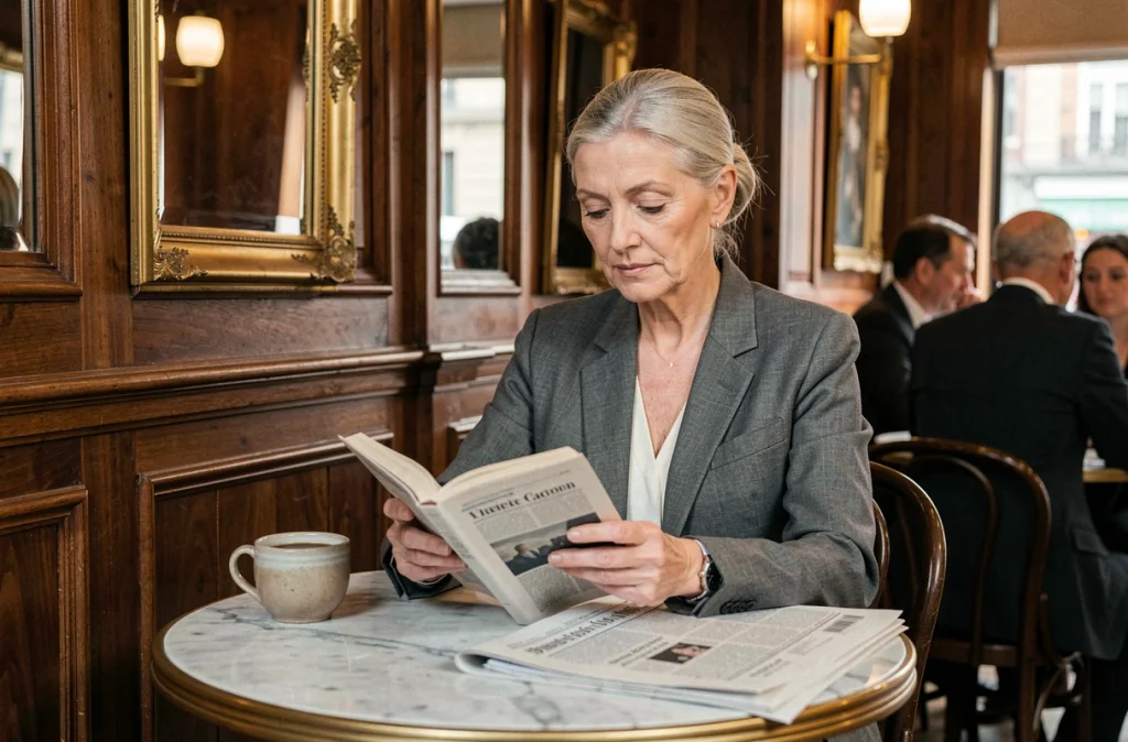 Femme élégante et discrète dans une brasserie parisienne, symbolisant le rôle de l'épouse réservée d'un homme public
