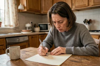Femme d'âge moyen écrivant une lettre manuscrite seule à une table de cuisine en bois, expression mélancolique et introspective