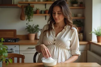 Femme enceinte assise à une table en bois regardant un bol de sel marin, illustrant le test du sel pour déterminer le sexe du bébé