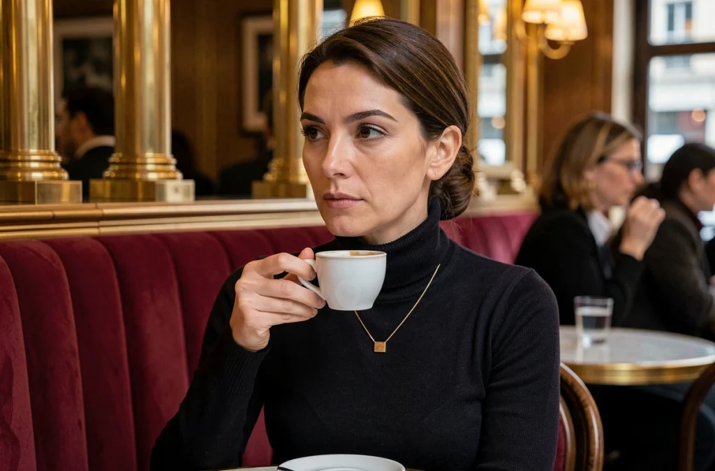 Femme mystérieuse aux traits expressifs attablée dans une brasserie parisienne, regard énigmatique tenant un café