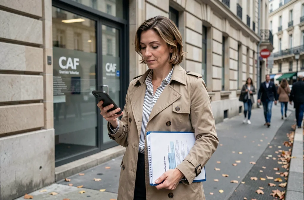 Femme parent isolé devant une agence CAF tenant son dossier administratif en ville