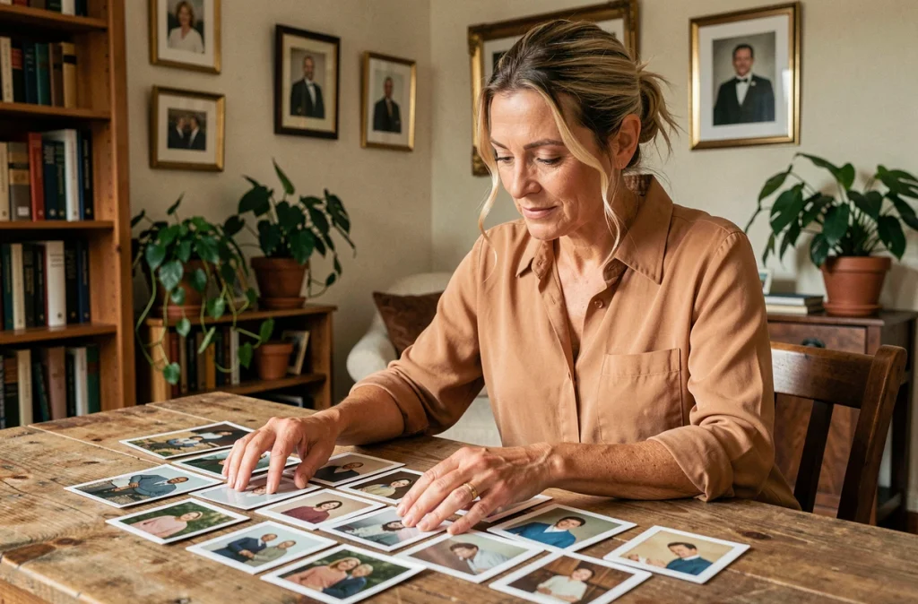 Une femme adulte contemplant des photos de famille anciennes dans un salon vintage, symbolisant la mémoire et les liens familiaux Turner