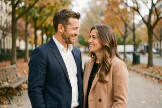 Frère et sœur jumeaux adultes aux traits similaires dans un parc parisien en automne, partageant un sourire complice