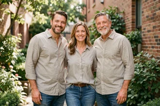 Trois frères et sœurs adultes souriants réunis dans un jardin urbain, évoquant les liens familiaux du clan Turner