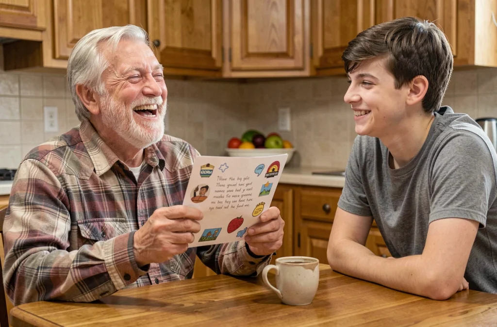 Grand-père riant en lisant un poème humoristique pour la fête des pères écrit par son petit-enfant adolescent à la cuisine