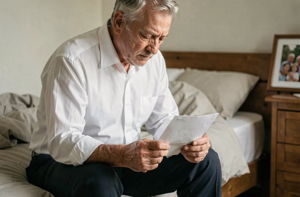 Homme âgé assis sur un lit tenant une lettre pliée dans ses mains, expression grave et émotionnelle dans une chambre simple