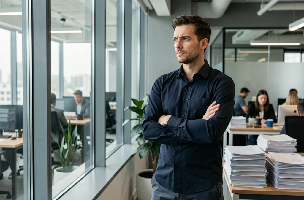 Homme pensif dans un bureau moderne, symbolisant la pression des rumeurs médiatiques sur la vie privée des personnalités publiques