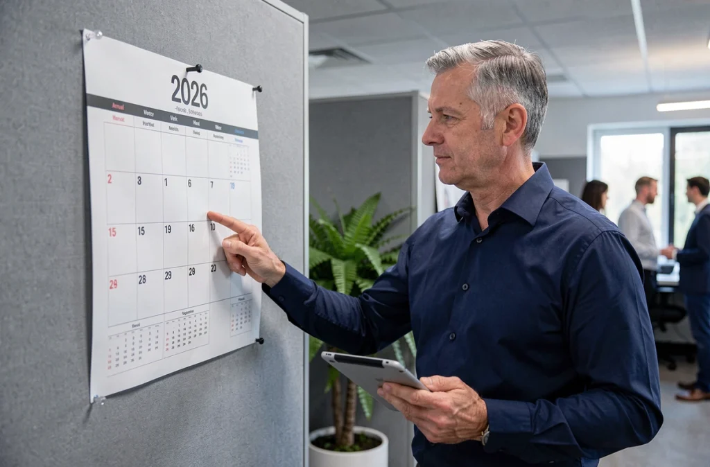 Homme en bureau pointant les numéros de semaines paires et impaires sur un grand calendrier annuel 2026 affiché au mur