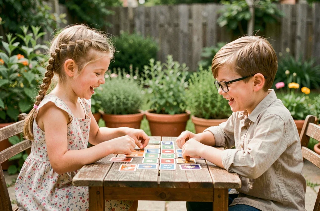 Deux enfants de 4 ans jouant à un jeu de memory en cartes colorées autour d'une table en bois dans un jardin, jeu de société anti-écran