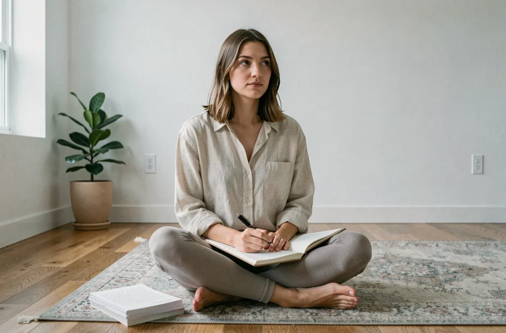 Jeune femme assise par terre écrivant dans un carnet avec des pages manuscrites éparpillées, regard mélancolique et réfléchi