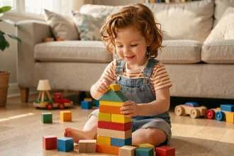 Petite fille de 4 ans concentrée à empiler des cubes en bois colorés sur un parquet clair, jouet anti-écran pour enfants