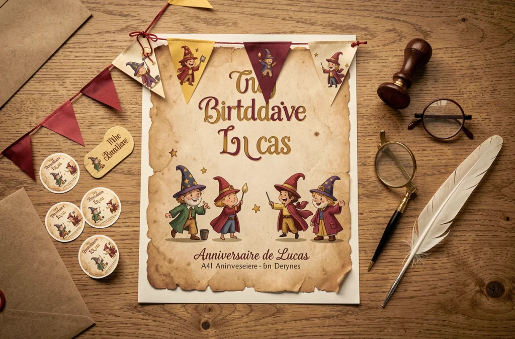 Kit d'anniversaire Harry Potter à imprimer en à plat sur un bureau bois avec affiche, guirlande et accessoires