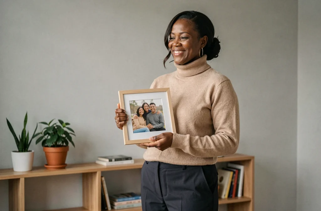 Femme tenant une photo de famille dans un salon moderne, évoquant le lien entre maternité et vie professionnelle