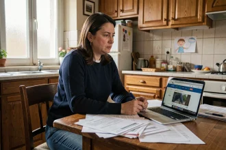 Mère célibataire consultant des documents administratifs CAF sur son ordinateur dans sa cuisine