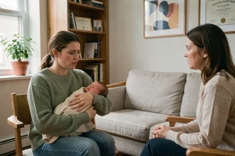 Jeune mère tenant son nouveau-né lors d'une séance d'accompagnement psychologique postnatale dans un cabinet thérapeutique chaleureux